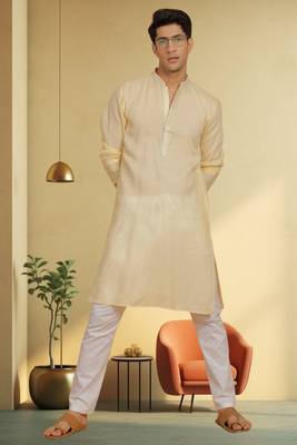 Men's yellow cotton blend embroidered kurta pyjama 3