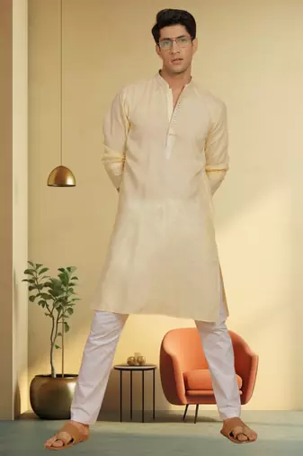 Men's yellow cotton blend embroidered kurta pyjama