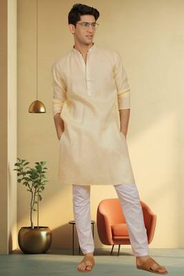 Men's yellow cotton blend embroidered kurta pyjama 4