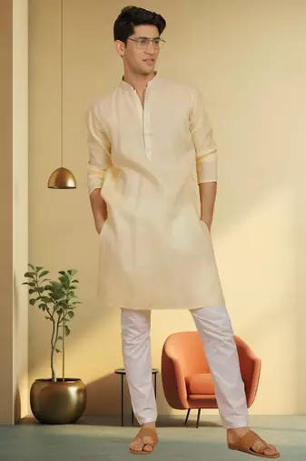 Men's yellow cotton blend embroidered kurta pyjama