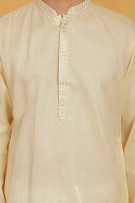 Men's yellow cotton blend embroidered kurta pyjama 5