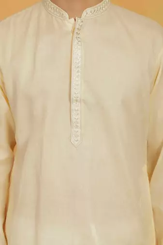 Men's yellow cotton blend embroidered kurta pyjama