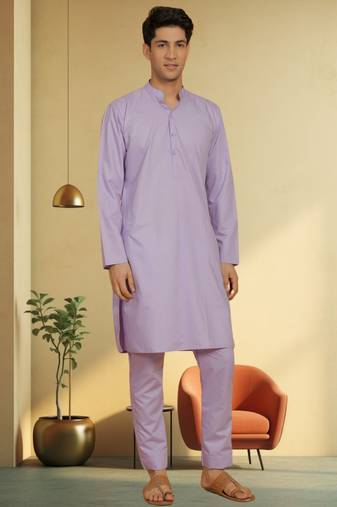 Men's cotton blend purple kurta pyjama plain