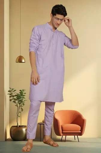Men's cotton blend purple kurta pyjama plain