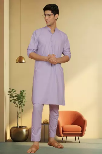 Men's cotton blend purple kurta pyjama plain