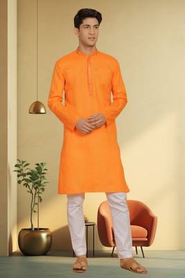 Men's orange cotton blend embroidered kurta pyjama 1