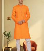 Men's orange cotton blend embroidered kurta pyjama