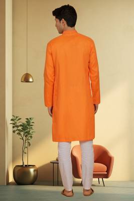 Men's orange cotton blend embroidered kurta pyjama 2