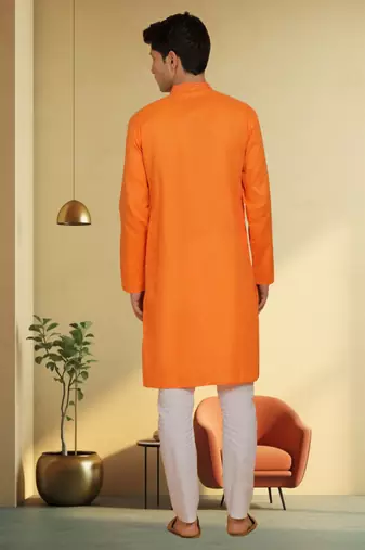 Men's orange cotton blend embroidered kurta pyjama
