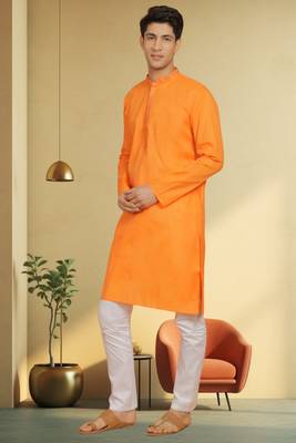 Men's orange cotton blend embroidered kurta pyjama 3