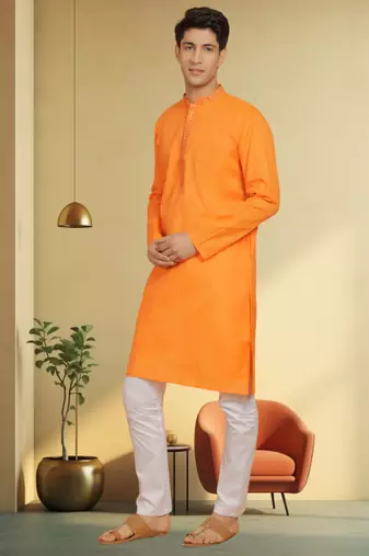 Men's orange cotton blend embroidered kurta pyjama