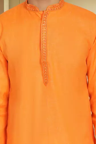 Men's orange cotton blend embroidered kurta pyjama
