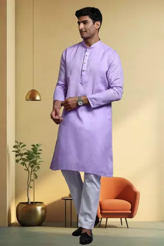 Men's cotton blend purple kurta pyjama plain