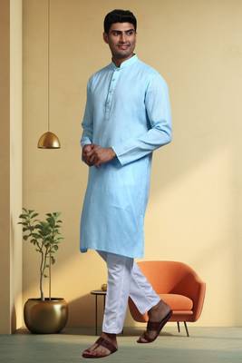 Men's cotton blend sky blue kurta pyjama plain 1
