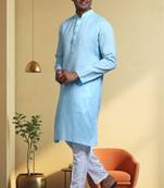 Men's cotton blend sky blue kurta pyjama plain