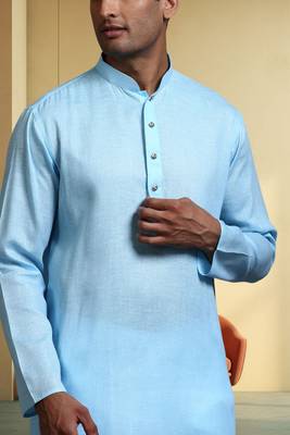 Men's cotton blend sky blue kurta pyjama plain 2