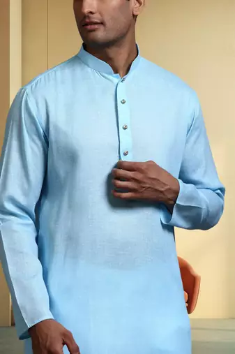 Men's cotton blend sky blue kurta pyjama plain