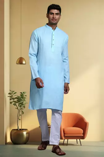 Men's cotton blend sky blue kurta pyjama plain