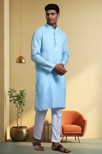 Men's cotton blend sky blue kurta pyjama plain