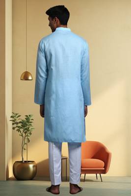 Men's cotton blend sky blue kurta pyjama plain 5