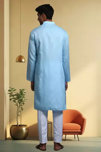 Men's cotton blend sky blue kurta pyjama plain