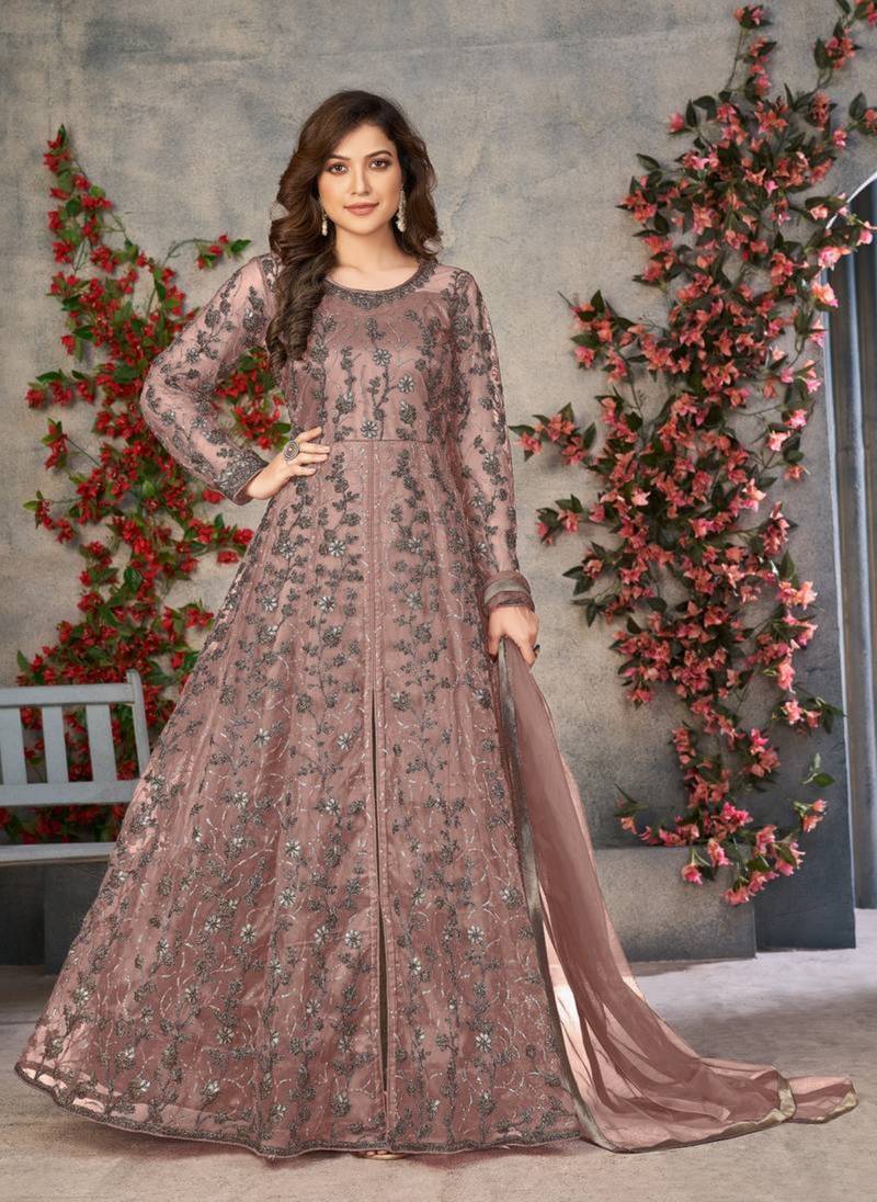 Lavender embroidered butterfly net semi stitched anarkali suit