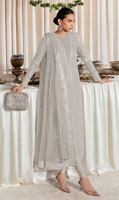 Grey embroidered faux georgette semi stitched salwar suit 1