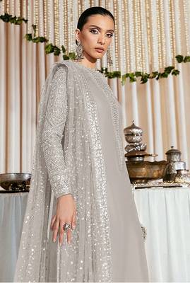 Grey embroidered faux georgette semi stitched salwar suit 2