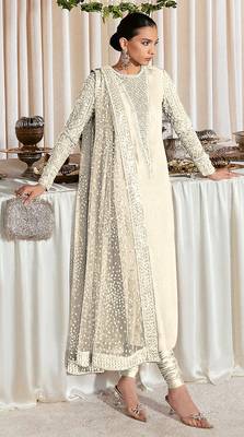 Cream embroidered faux georgette semi stitched salwar suit 1