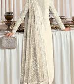 Cream embroidered faux georgette semi stitched salwar suit