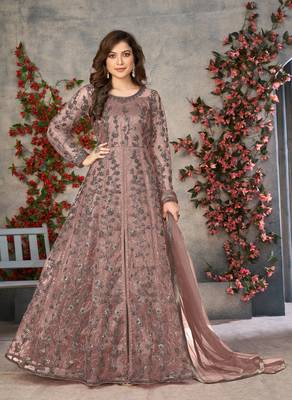 Peach embroidered butterfly net semi stitched anarkali suit 1