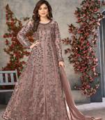 Peach embroidered butterfly net semi stitched anarkali suit