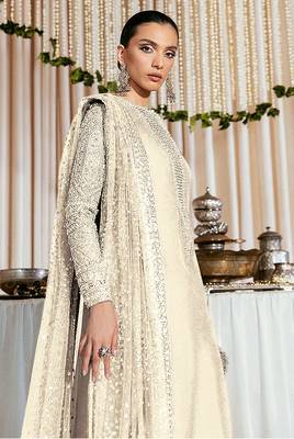 Cream embroidered faux georgette semi stitched salwar suit 2