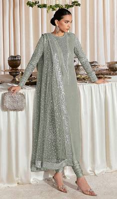 Olive embroidered faux georgette semi stitched salwar suit 1