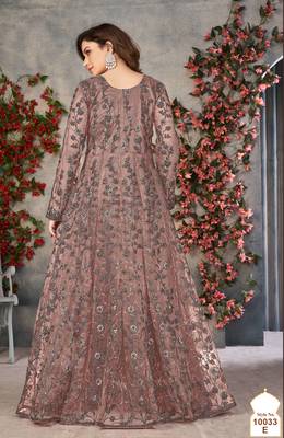Peach embroidered butterfly net semi stitched anarkali suit 2