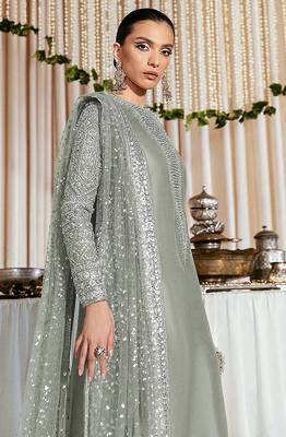 Olive embroidered faux georgette semi stitched salwar suit 2