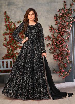 Black embroidered butterfly net anarkali suit 1