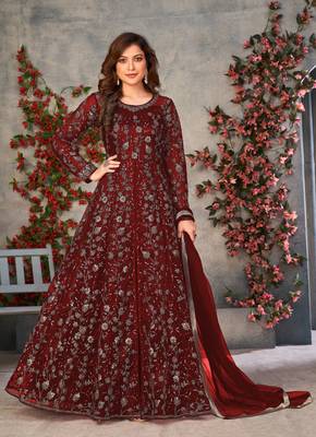 Maroon embroidered butterfly net anarkali suit 1