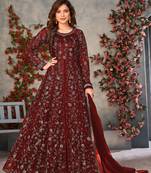 Maroon embroidered butterfly net semi stitched anarkali suit