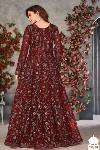 Maroon embroidered butterfly net anarkali suit
