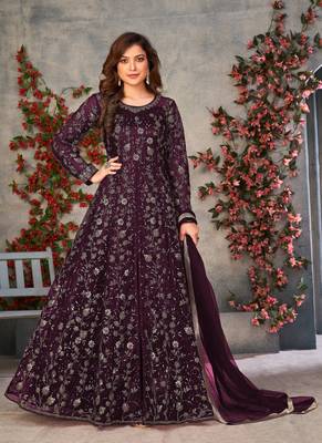 Wine embroidered butterfly net anarkali suit 1