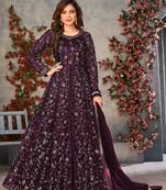 Wine embroidered butterfly net semi stitched anarkali suit