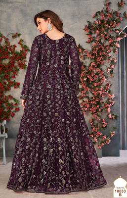Wine embroidered butterfly net anarkali suit 3
