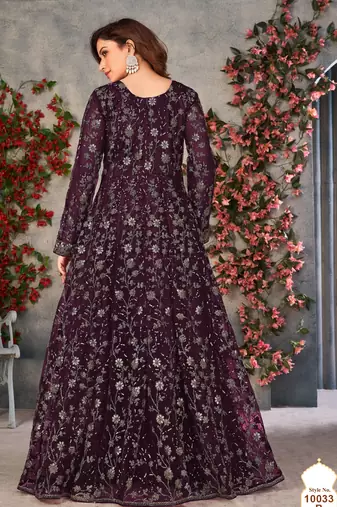 Wine embroidered butterfly net anarkali suit