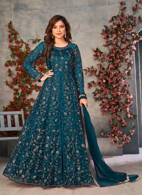Teal embroidered butterfly net anarkali suit 1