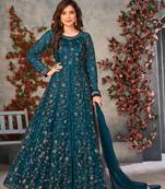 Teal embroidered butterfly net semi stitched anarkali suit