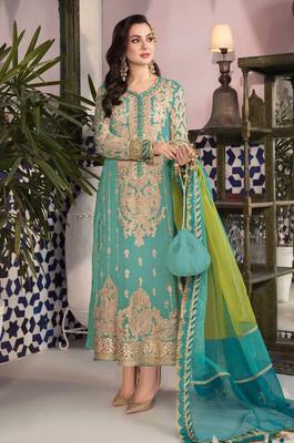 Green embroidered faux georgette semi stitched salwar suit 1