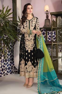 Black embroidered faux georgette semi stitched salwar suit 1