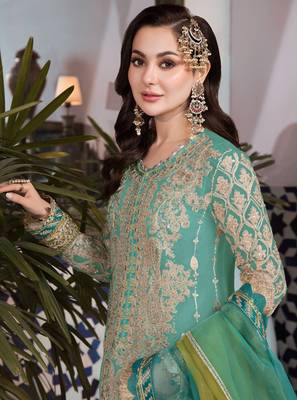 Green embroidered faux georgette semi stitched salwar suit 2