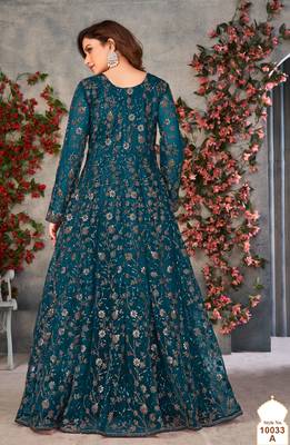 Teal embroidered butterfly net anarkali suit 3